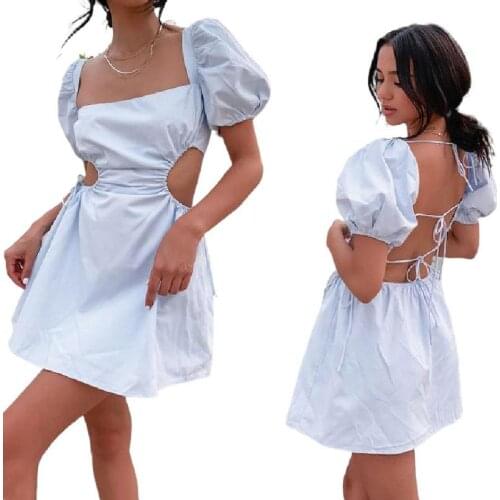 Sexy Backless Temperament Dress Women Summer Solid Color Square Collar Lace-Up Hollow Out Puff Sleeve A-Line Dresses Femme Robe