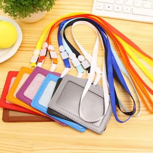 20pcs Neck Strap Lanyard Sling ID Badge Holders PU Name Card Case Certificate Horizontal Style With Lanyard School Office Tools