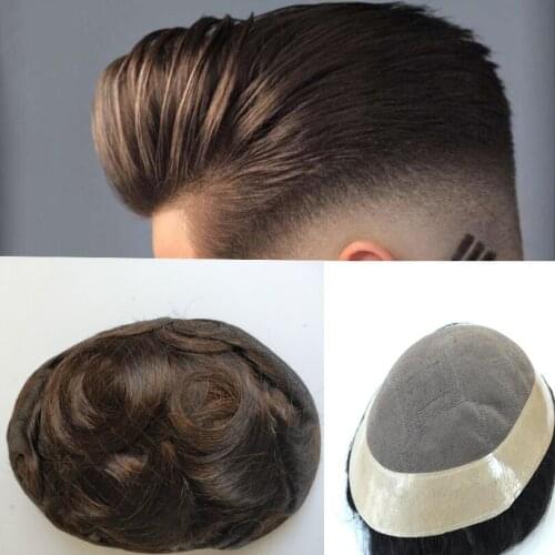 #4 color Brown Remy Human Hair Replacement System For Men Toupee Mens Hairpieces mono Lace Base With PU 6x8 7*9Inches