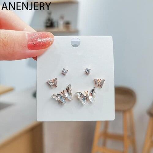 ANENJERY 6 pieces/set 925 Sterling Silver Micro Zircon Butterfly Stud Earrings Set For Women Simple Cute Daily Jewelry