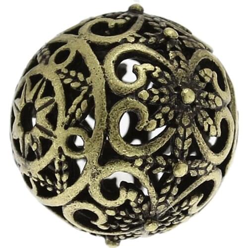 DoreenBeads Copper Spacer Beads Round Antique Bronze Flower Pattern Hollow About 17mm x 16mm,Hole:Approx:2mm,5PCs (B32379), yiwu