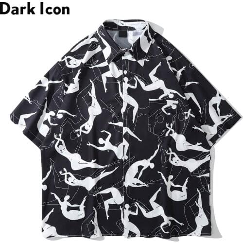 Dark Icon Full Printed Oversized Mens Shirt 2021 Summer Black White Hawaiian Shirt Male Top