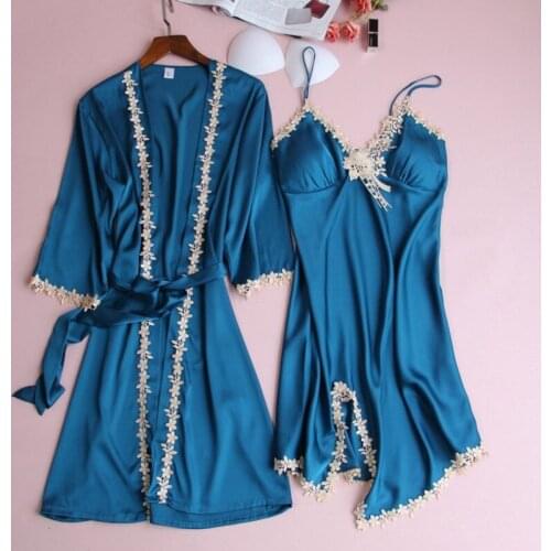 Lace 2PCS Robe Set Women Bridal Wedding Kimono Bath Gown Sexy Summer Nighty Bathrobe Nightgown Sleep Suit With Bras Sleepwear
