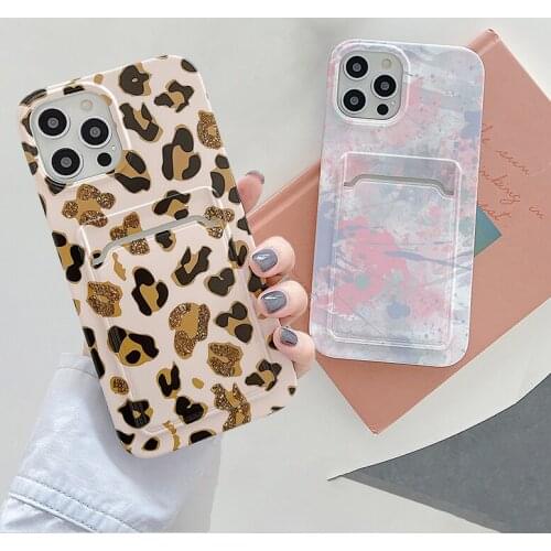 Leopard Marble Banana Leaf Card Slot Phone Case For iPhone 11 12 Pro Max X XR XS Max 7 8 Plus 11 Pro Soft Silicone Holder Cover