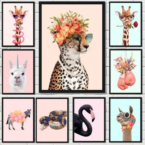 Cute Funny Animal Flower Giraffe Colorful Aesthetics Canvas Painting Poster and Print Wall Art for Living Room Home Decoration