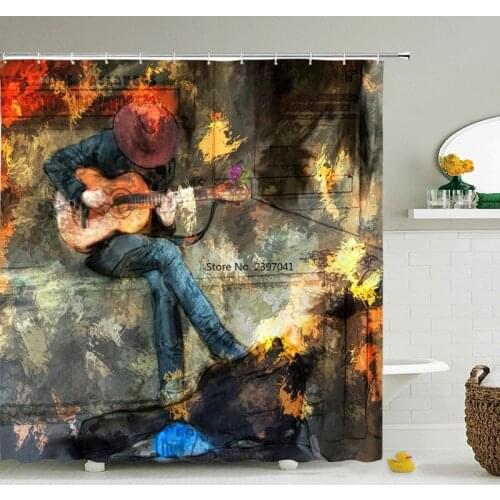 Music Decoration Shower Curtain Clef Illustration Cowboy Guitar Curtains Art Deco Print Fabric Bathroom Decoration