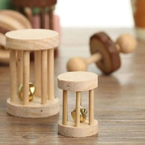 Natural Wooden Rabbits Toys Pine Dumbells Unicycle Bell Roller Chew Toys for Guinea Pigs Rat Small Pet Molars Supplies #4