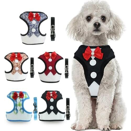 Dog Harness and Leash Set Nylon Puppy Small Dog Harness Vest with Bowknot Formal Dress For Wedding Party Chihuahua Small Dogs