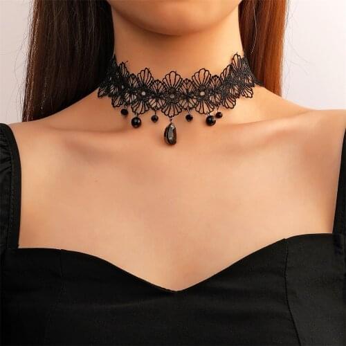 2021 New Fashion Gothic Victorian Crystal Tassel Tattoo Choker Necklace Black Lace Choker Collar Vintage Women Wedding Jewelry