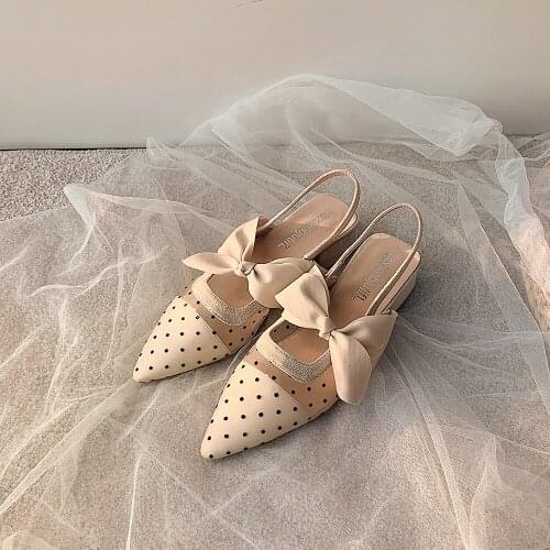 Comemore Ladies Sandals 2021 Spring Summer New Wave Dot Mesh Yarn Pointed Bow Women Pumps Luxury Shoes Woman Heel High Heels 39