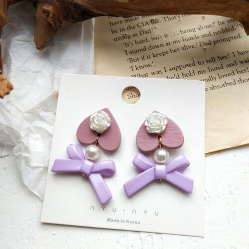 ZiccoWong New Fashion Acrylic Purple Bowknot Stud Earring Heart Imitation Pearl Ear Stud Earrings for Women Pretty Jewelry Gift