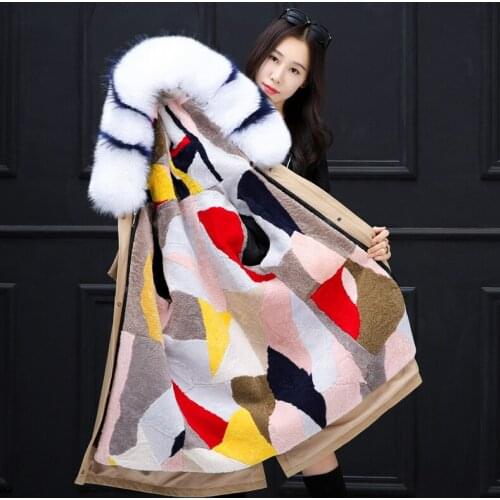 Parka sheep shearing fur liner outerwear women overcoat natural raccoon fox fur collar hooded wool liner fur coat detachabl