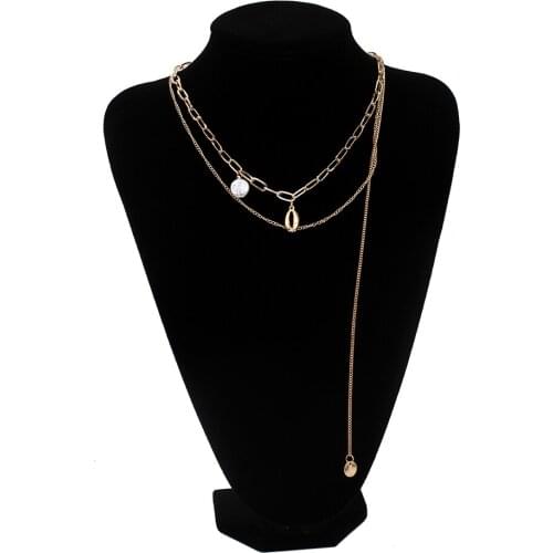 Poputton Choker Sea Shell Pendant Double Chain Necklaces for Women Gold Color Multi Layered Necklace Jewelry Woman