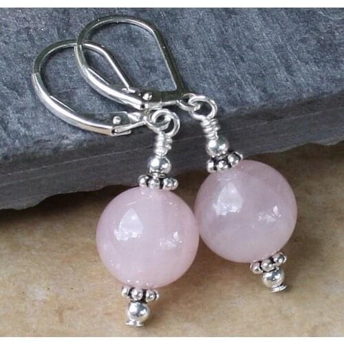 Handmade Rose fine stone Round Beads Sterling Silver Dangle Earrings