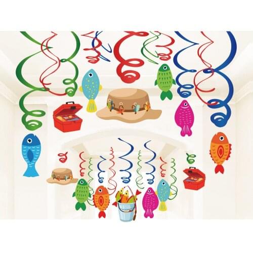 30pcs Ceiling Foil Spirals Cartoon Fishing Birthday Party Decorations Wall Fish Spiral Hanging Swirl Baby Shower Party Favors