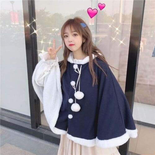 Women Cape Shawl Poncho Hooded Cute Cardigan Japanese Cloak Rabbit Ear Jacket Autumn Winter Lacing Plush Ball Loose Pink Coat