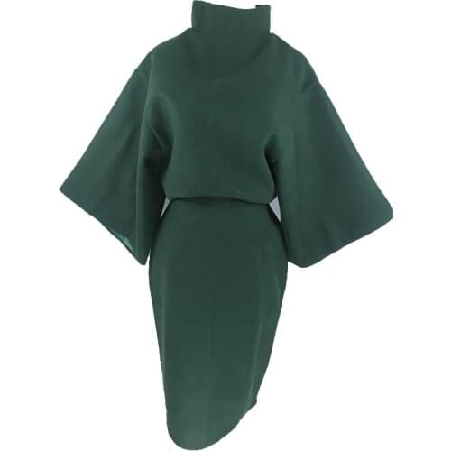 PERHAPS U Women Green Solid Sweatshirt Knee Length Skirt Zipper Pencil 2 Two Pieces Set Elegant Winter Turtleneck T0069