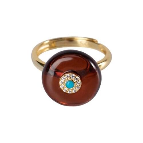 S925 sterling silver gold plated Amber Blood Amber Turquoise Ring Retro Peace buckle Ladies Open ring