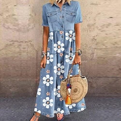 2021 Summer Casual Short Sleeve Button Dress Women Elegant Floral Print Party Dresses Ladies Fashion Turn-down Collar Maxi Dress