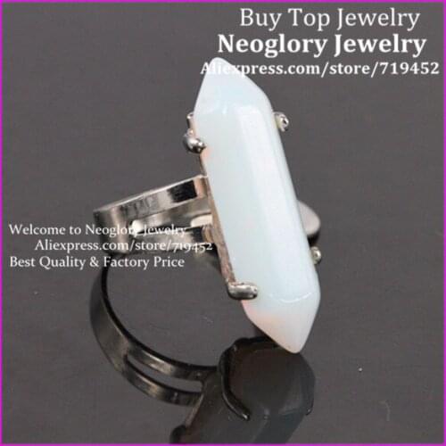 10PCS Natural Opal Opalite Adjustable Finger Rings Gems Stone Hexagonal Point Reiki Chakra Bead Ring Unisex Silver Plated