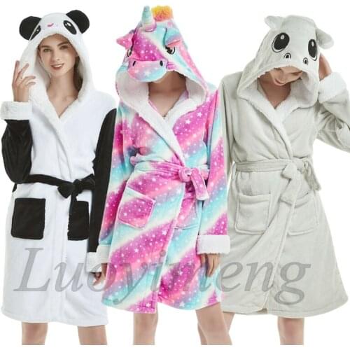 2020 Winter Thick Warm Women Unicorn Nightgowns Coral Fleece Kimono Robe Bath Suit Stitch Panda Sleepwear Animal Long Nightwear