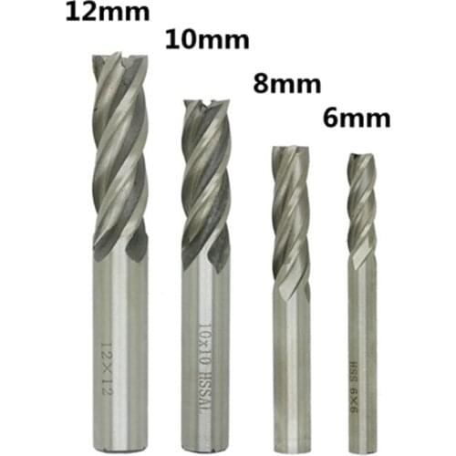 4Pcs Carbide End Mill HSS 4 Flutes 6mm-12mm Diameter Milling Cutter Straight Shank Router Bit Set CNC Tools