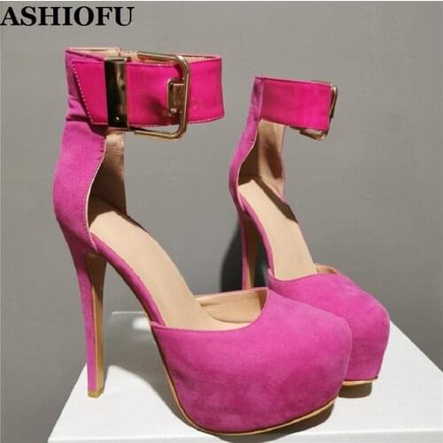 ASHIOFU New Arrival Womens High Heel Pumps Buckle Strap Wedding Party Dress Shoes Sexy Platform Evening Fashion Court Shoes