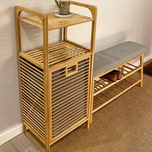 Bathroom Storage Organizer Rack Bamboo Shelf with Cloth Basket