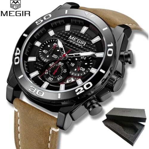 Top Brand MEGIR Quartz Men Watches Leather Strap Chronograph Sport Wrist Watch Men Clock Relogio Masculino Reloj Hombre Gift box