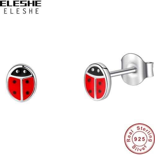 Ladybug Stud Earrings Pure 925 Sterling Silver With Enamel Lovely Animal Girls Kids Earrings For Children Trendy Jewelry