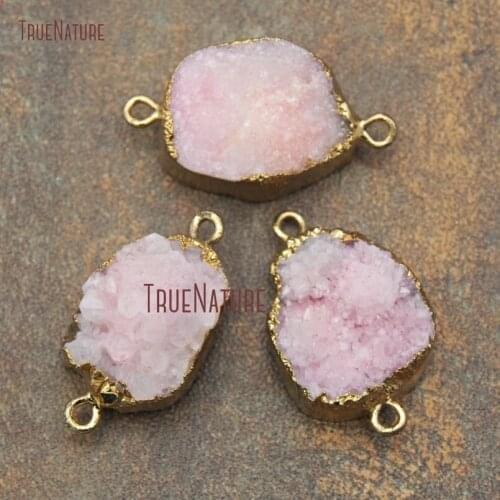Pure Gold Color Finish Irregular Shape Connectors Fresh Pink Druzy Crystal Double Bail Pendant Approx 35*25 mm PC11239