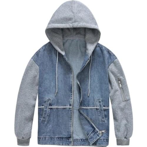 Hooded denim jacket male spring and autumn new loose stitching casual zipper top baseball uniform coat jacket