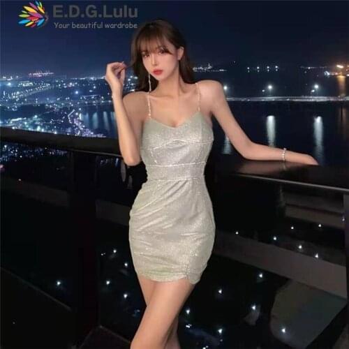 EDGLuLu Women Fashion V-neck Spaghetti Strap Mini Dress Women Sexy Slim Bodycon Party Dress Silver Sequins Short Dress 0410