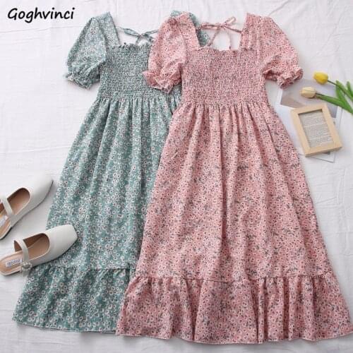 Sweet Puff Sleeve Floral Chiffon Dress Women Pleated Square Collar Fairy Midi Dresses Girl Multi Colors Lace-up Backless Leisure