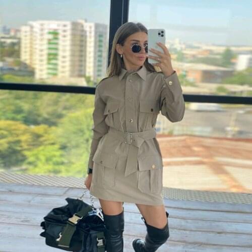 Dabourfeel Cotton Shirt Dress Women Long Sleeve Rivets Belt Turn Down Collar High Waist Pockets Fashion Cool Girl Mini Dress