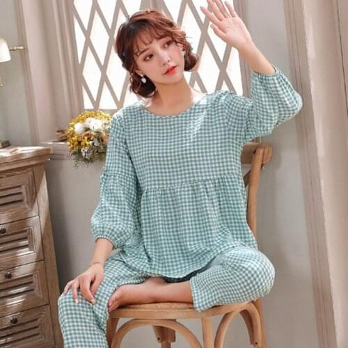 Casual Cotton Pajamas Women Sweet Plaid Loose Sleepwear Pyjamas Female Set Spring Autumn Nine Point Sleeve Pijama Suit L-2XL