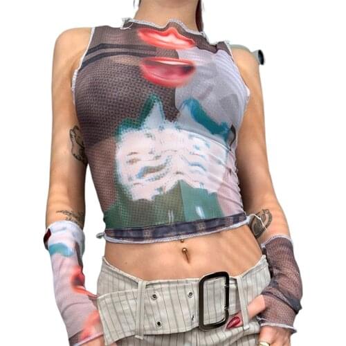 Sexy Female Camisole Girls Floral Print Round Neck Sleeveless Crop Tops Sheer Short Vest for Summer S/M/L