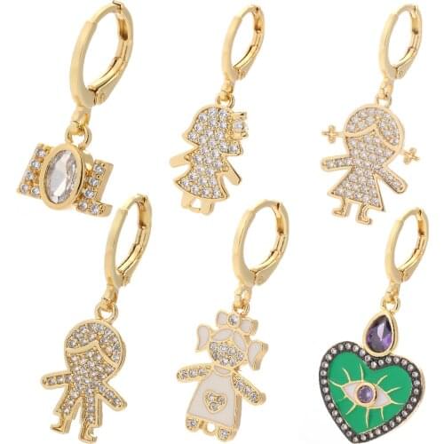 Boy and Girl Drop Earrings for Women Gold Figure Hoop Earrings Couple Earring Cubic Zircon Copper Metal Korean New Fashion 2021