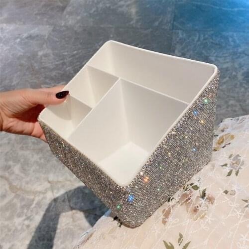 Rhinestone Desktop Storage Box Remote Control Key Sundries Diamond Large Capacity Compartment Cosmetics Jewelry Storage Case