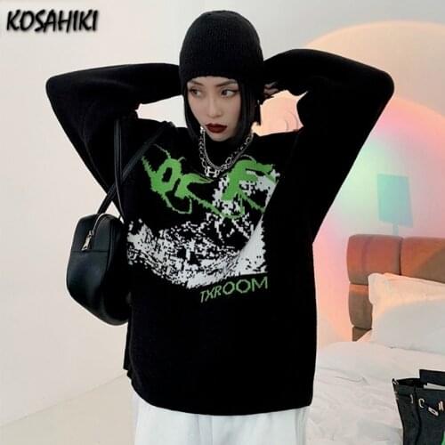 KOSAHIKI Vintage Letter Harajuku Jacquard Knitted Sweater Women Causal Loose Pullover Female Antumn Winter Knitted Jumpers Top