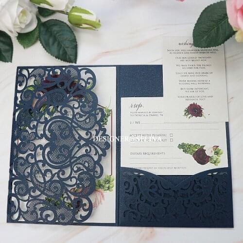 Navy Blue Shimmer Sweetheart Wedding Invitation Kits Burgundy Red Customize Print Invitations for Bridal Shower Quinceanera