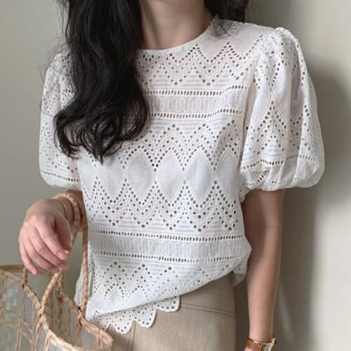 Lamtrip Korean Chic Geometric Hollow Out Short Puff Sleeve Cotton Tee T-Shirt Women 2021 Summer