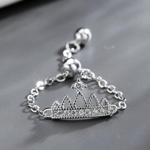 Exquisite Silver Color Crown Rings for Women CZ Crystal Rings Pull Adjustable Fine Chain Rings Zircon Jewelry Party Gifts
