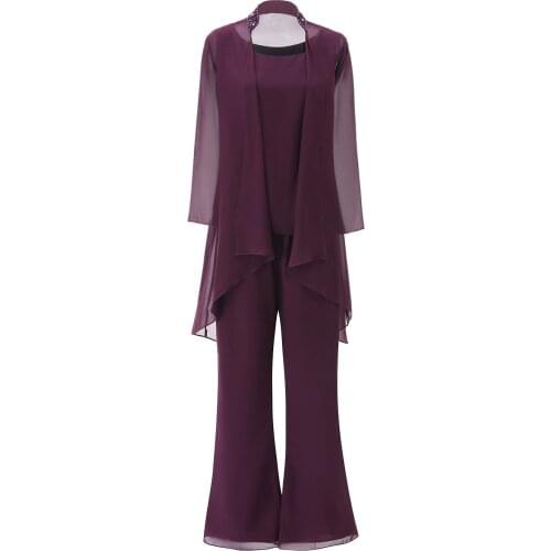 SOLOVEDRESS Fashion Women Chiffon Beading 3 Pieces Mother of the Bride Dress Pant Suits with Long Sleeves Jacket Outfit SL-M18