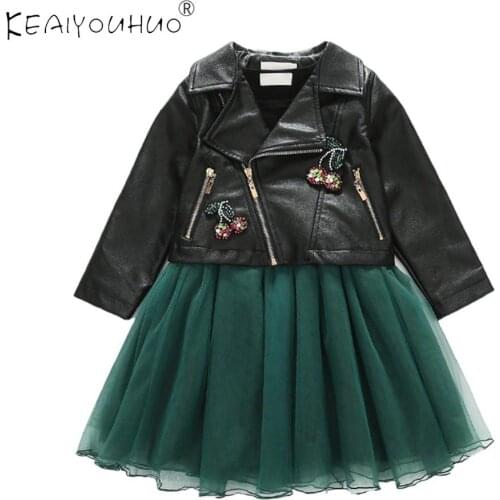 2020 Fashion Black Leather Jacket Baby Girls Clothes 2 Piece Children Set New Clothes Kids Clothes For Girls For 4-12 Years Old