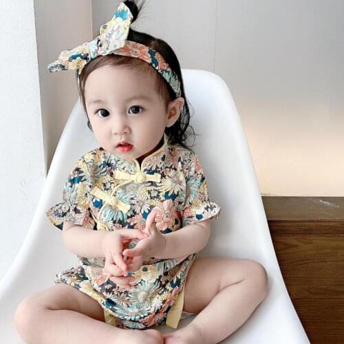 Baby Girls Cheongsam Short Sleeve Romper Outfit Chinese Flower Printed Qipao Jumpsuit One Piece Sleeveless Summer Festival Dress