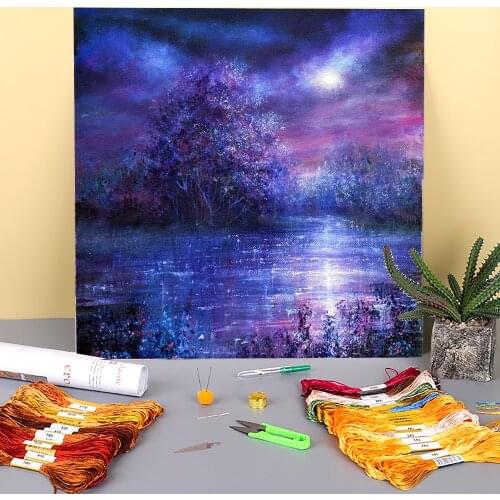 Natural Scenery Blue Moon Pre-Printed 11CT Cross Stitch Complete Kit DIY Embroidery DMC Threads Needlework Painting Mulina