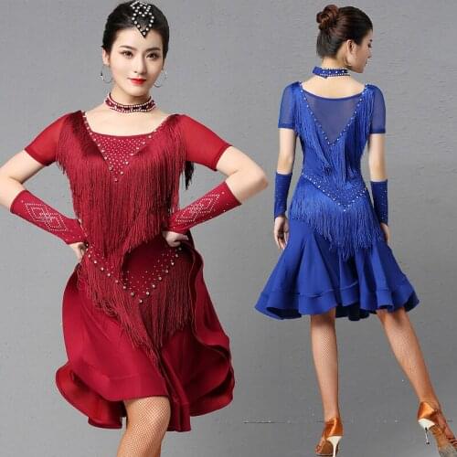 Latin Dance Performance Dress Professional Ballroom Competition Clothing Women Sexy Short-Sleeve Rhinestone Tassel Dress DL5945