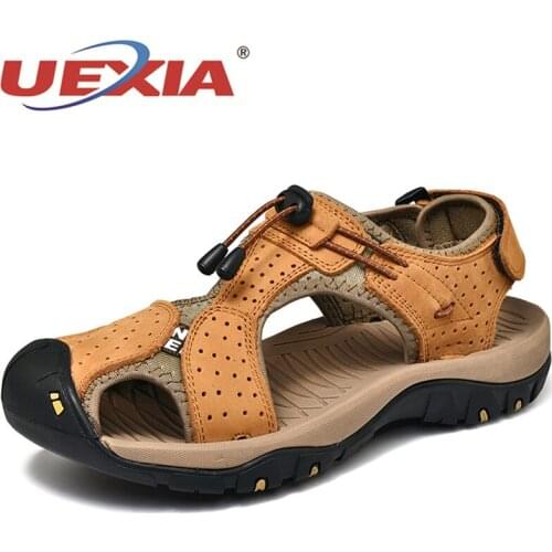 Lightweight Brown Sport Sandals for Men Outdoor Leather Elastic Band Beach Male Shoes Summer Slip on Trekking Soft Comfortable