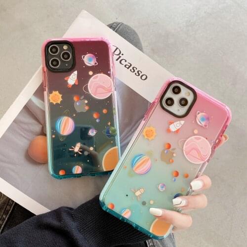 Rainbow gradient Space Cases For iPhone 1112 XR XS MAX X 7 8 6 Plus 11 Pro Max Fundas Planet Moon Star Protective Silicone Cover